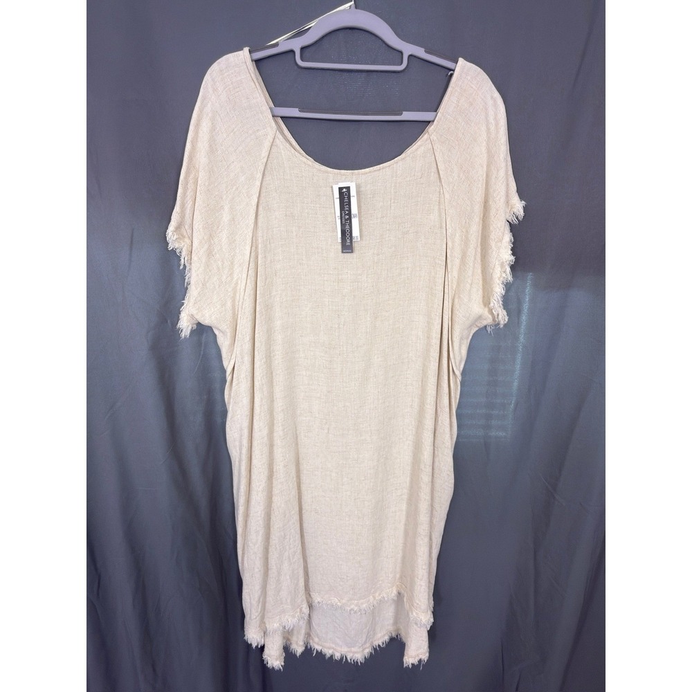 Chelsea & Theodore Woman Linen Blend Frayed Hem Shift Dress Beige 1X New